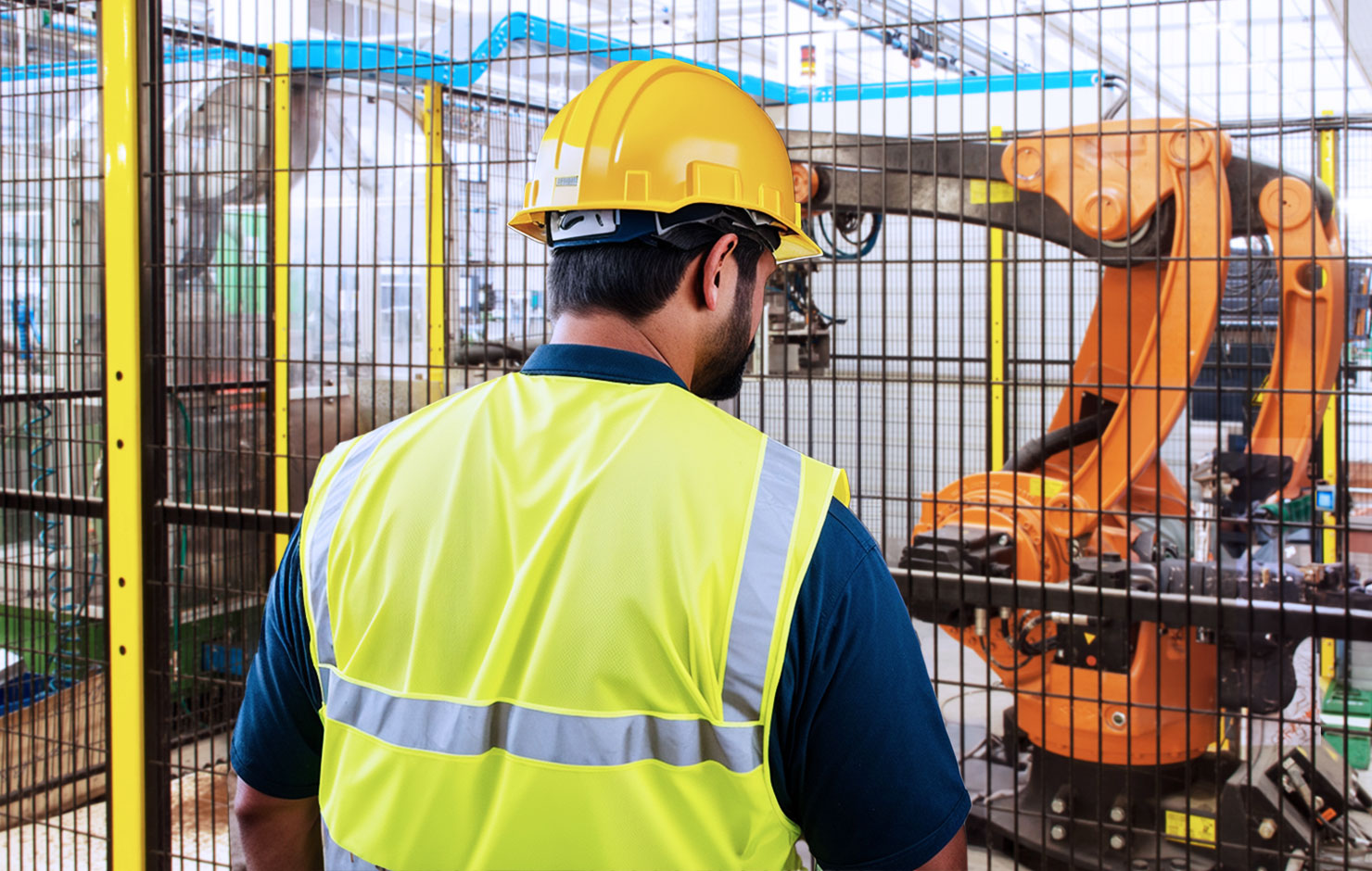 Warehouse inspector checking robotic line protected by Satech Safety Fences