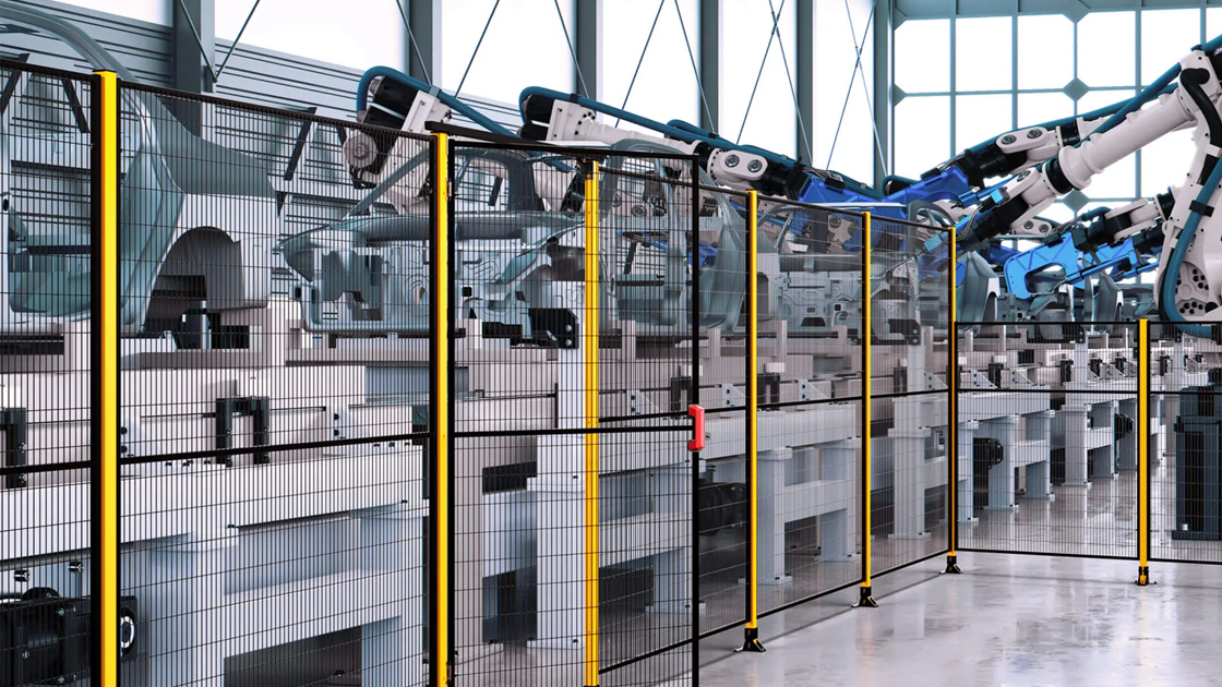 Perimeter line of Satech Machine Guards around robotic line within an industrial facility
