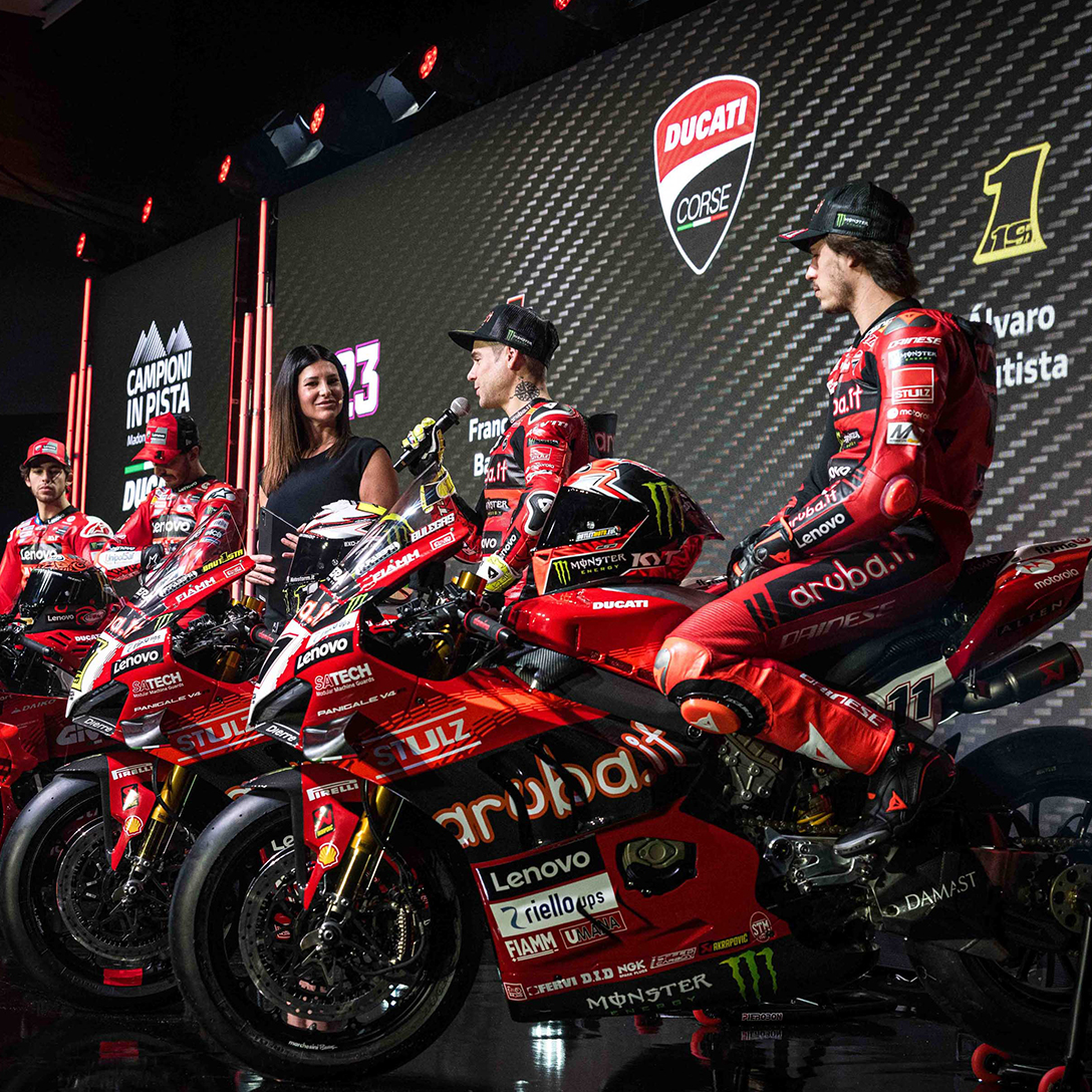 Alvaro Bautista speaking towards the audience during the Campioni in Pisa 2024 event held by the Aruba.it Racing - Ducati Superbike Team