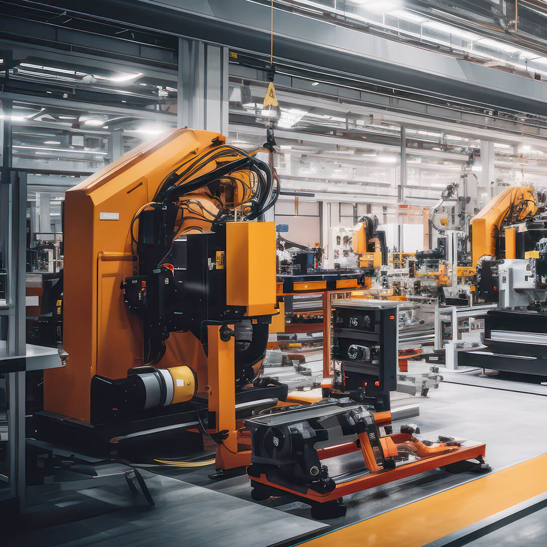 Photo of brand new machinery inside a production facility.