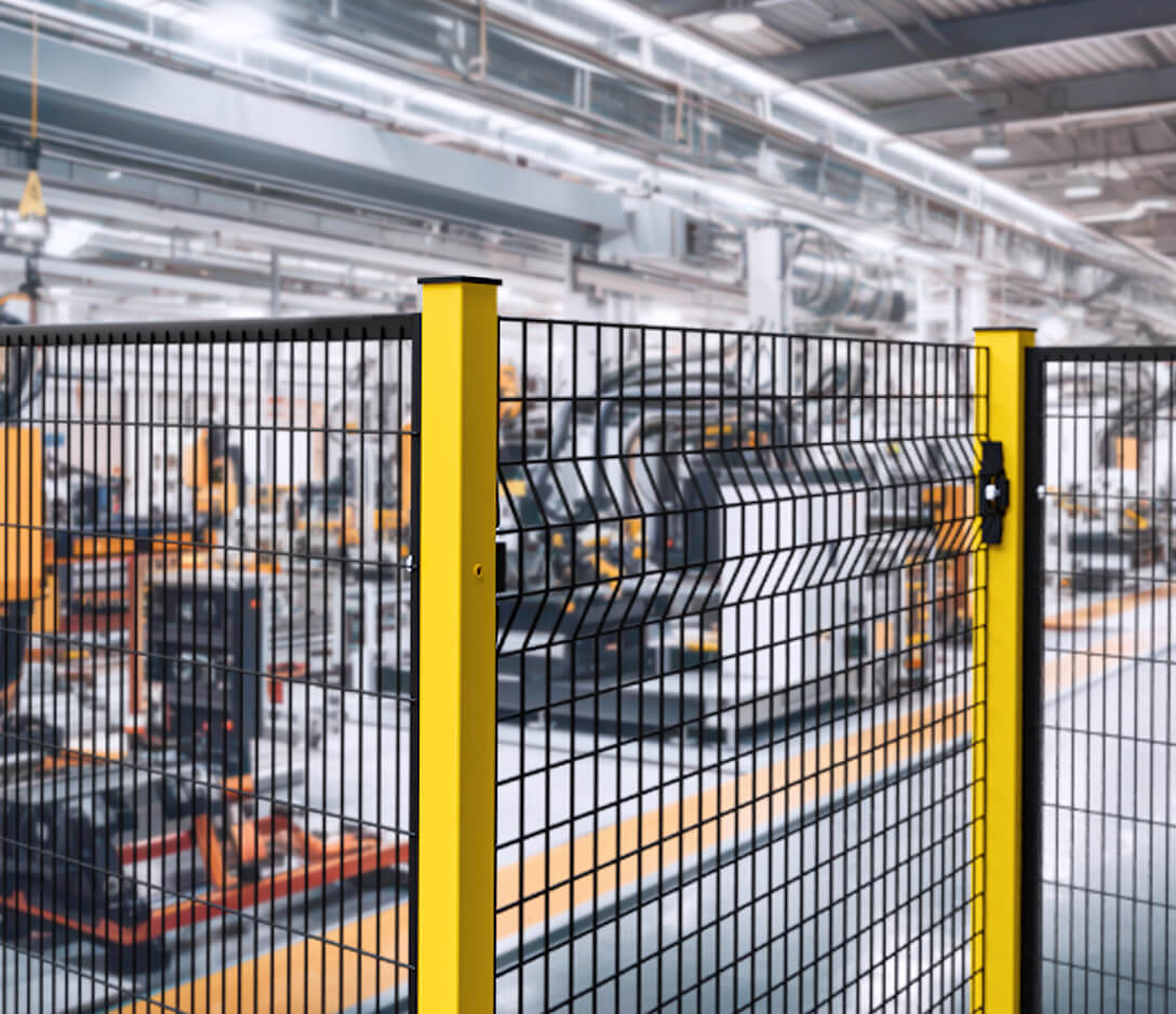 Close-up of Satech AdaptaGuard Perimeter Protections installed inside an industrial plant.