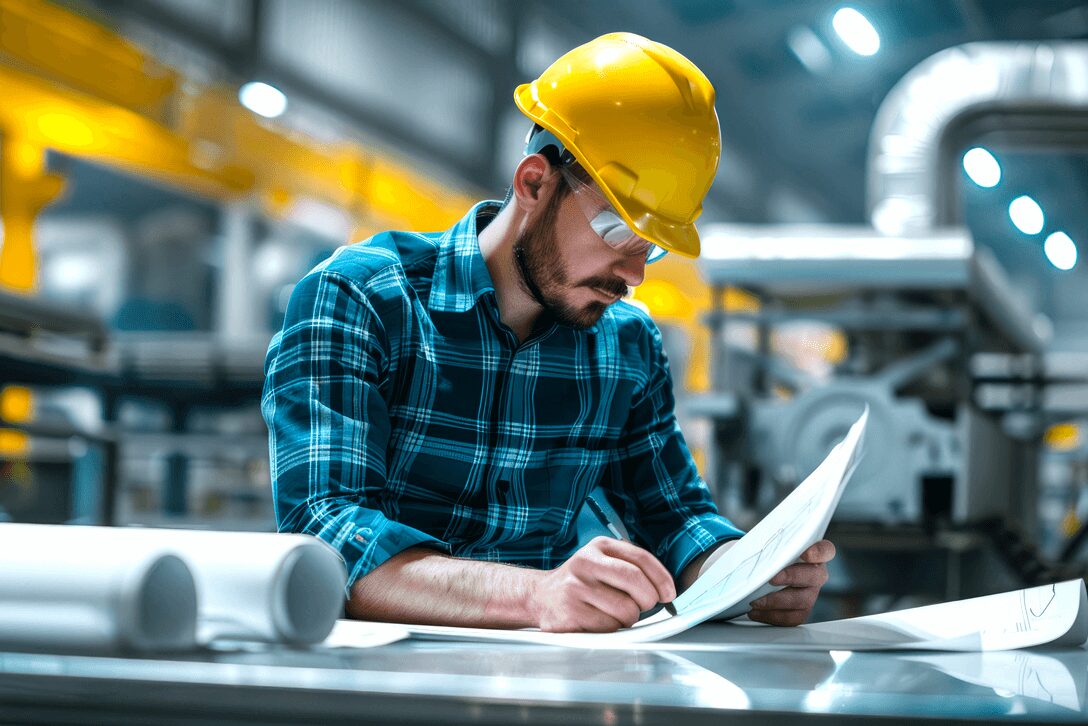 Scatto di operatore industriale intento a mappare i pericoli identificati nel quadro di una Valutazione dei Rischi secondo EN ISO 12100 - Satech