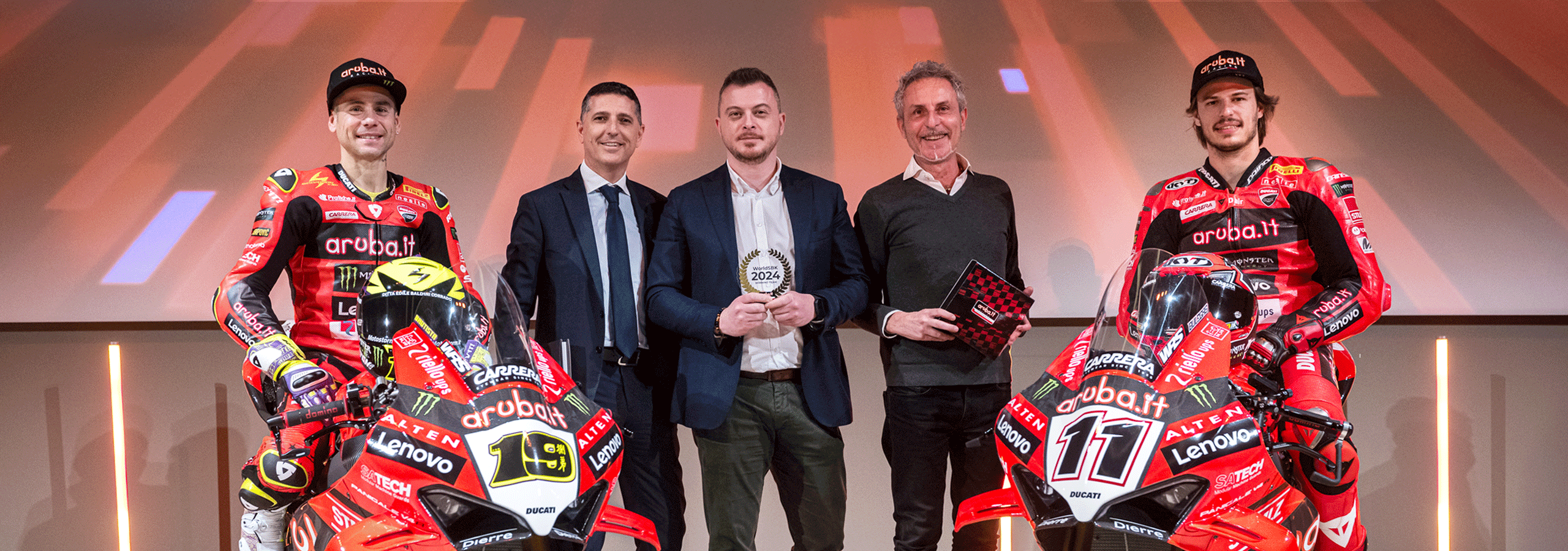 Photo of Nicolò Bulega and Alvaro Bautista with Nicola Balestrazzi, Giovanni Camusso and Marco Bertoni, Satech managers, sponsors of Team Aruba.it Ducati Racing
