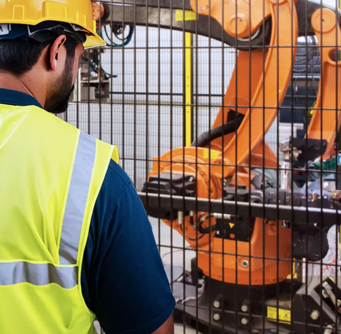 Un operatore con elmetto e gilet alta visibilità gialli osserva una protezione perimetrale Satech che recinta un robot industriale arancione