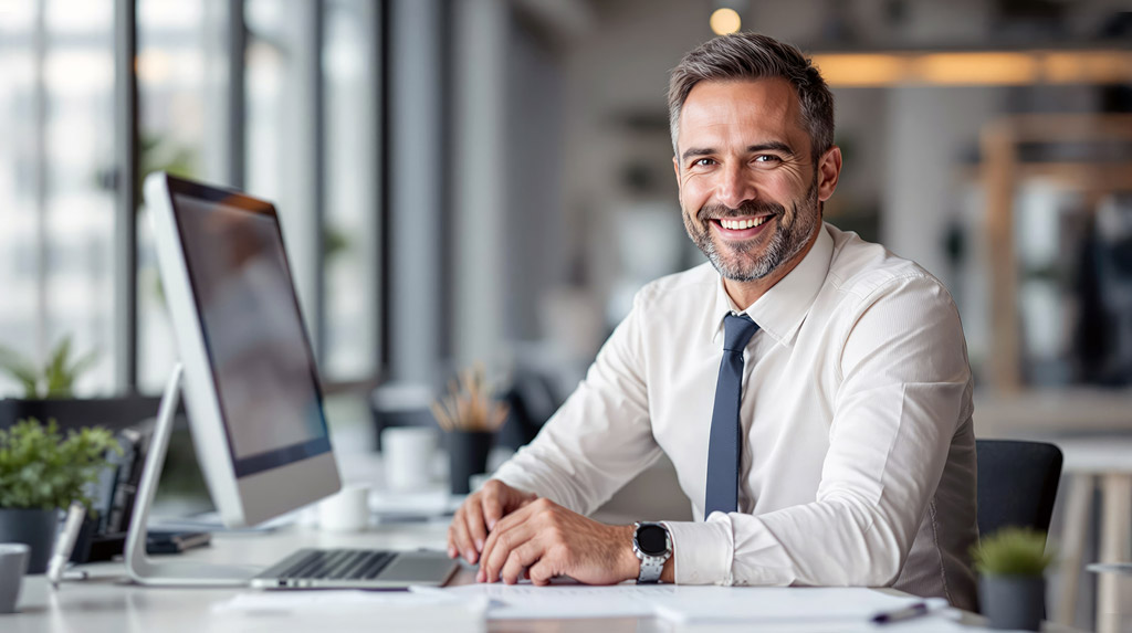 Smiling employee at desk with computer and plants, office environment with window background